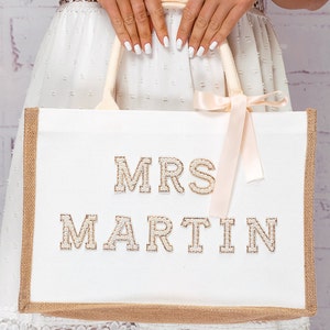 Bride Pearl bag, Mrs Custom tote bag, Custom Bride Beach bag w/pearl patches, Bride beach bag, Bride to be Bags, Mrs Beach bags -white pear