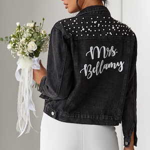 Bridal Mrs Jean Jacket with date under the collar, Wedding Bride Denim Black Jacket, Personalized jacket with Pearls -pearls, Made to Order