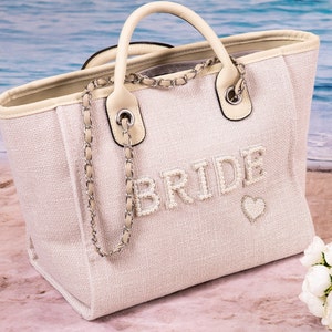 Bride Tote bag, Bridal Gift, Bachelorette bags, Honeymoon beach bag, Mrs Custom Bag, Customized Bride Bags, Bachelorette totes- chain,pearls