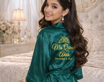 Personalized Mis Quince Robe + slippers,  Quinceañera Getting Ready Outfit, Sweet 15 Birthday Gift, Made To Order