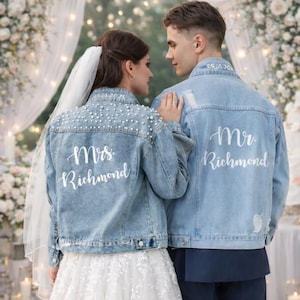 Groom and Bride Jean Jackets, Wedding Jackets, Honeymoon jackets, Mr and Mrs Custom Denim Jackets, Bridal jacket, Groom jacket,Made To Order