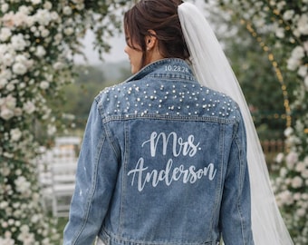 Personalized Bridal Denim Jacket, Custom Mrs Wedding Jean Jacket, Bride Last Name Jacket, Wedding Jean Jacket with Pearls, Made To Order