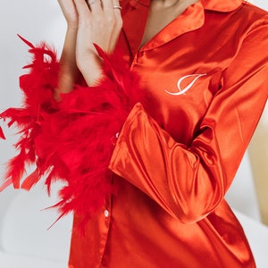 Custom Silky Pajamas with feather, Bridesmaid Custom Satin Pjs, Bachelorette Pajamas, Bridesmaid gift, Christmas Pajama, Red Custom pjs -alf