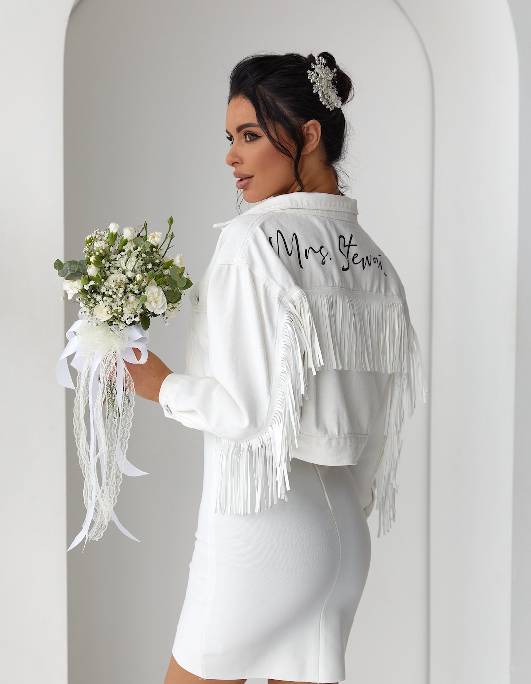 Custom White Mrs Denim Jacket With Fringes, Bride Denim Jacket for