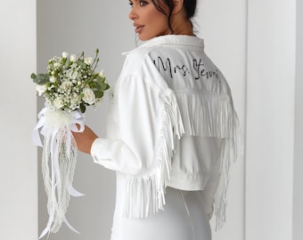 Custom white Mrs denim jacket with fringes, Bride denim jacket for Wedding, Mrs Customs denim jacket, wedding gifts for Brides - Adinda