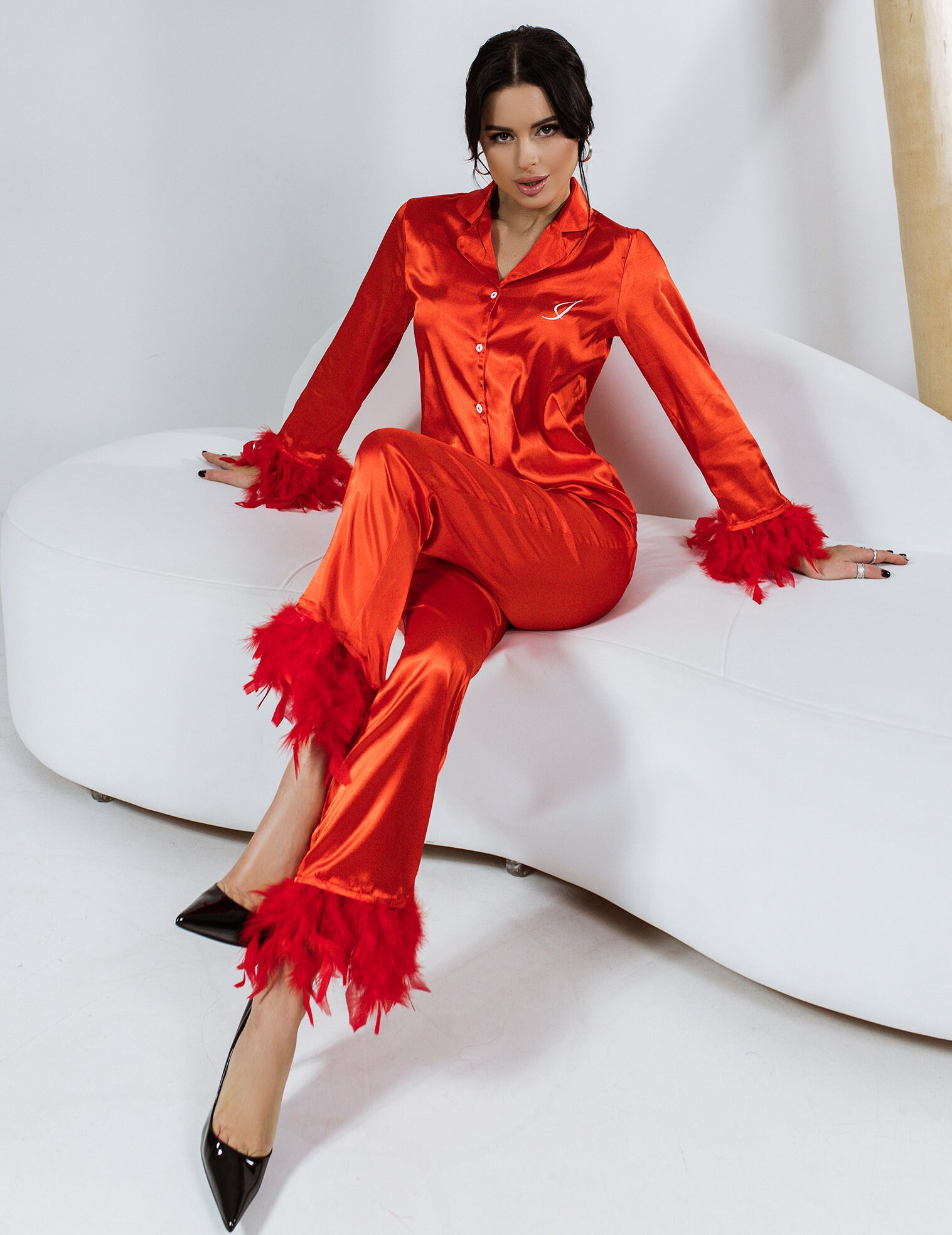 open lace back dress Red Satin Silk PJ Set