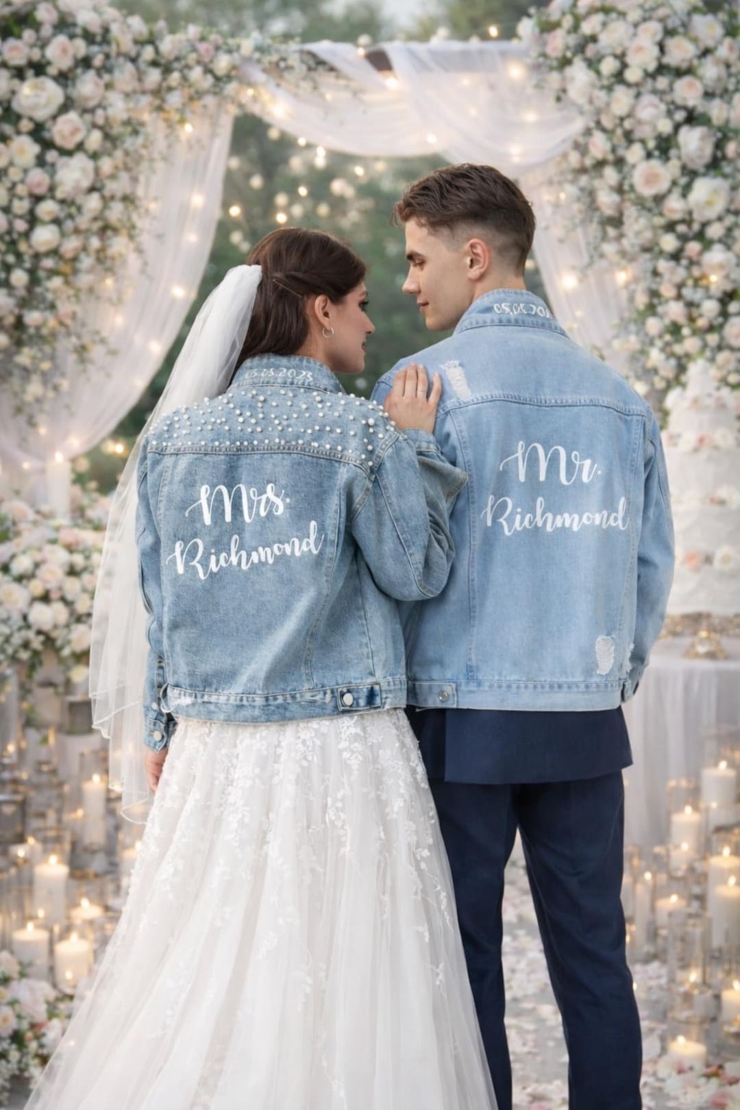 wedding dress and denim jacket Embroidered Pearl Studded Jean Jacket for Bride XS / Yes
