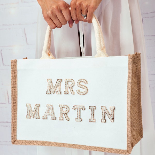Bride Tote bag, Bride Gift, Bridal shower gift, Bachelorette bags, Honeymoon beach bag, Mrs Custom Bag, Customized Bride Bags-white pearls