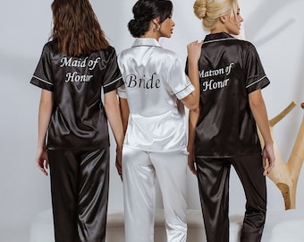 Bridesmaid Pajamas, Bridal Shower Gifts, Bride Gift, Bachelorette pjs, Maid of Honor gift, Customized Satin pjs, Personalized pajamas  S+L