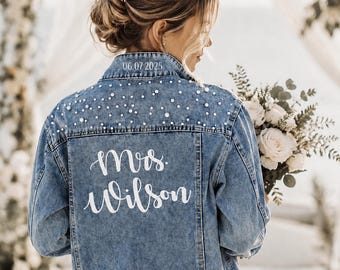 Custom Mrs Bridal Denim Jacket With Pearls, Wedding Jean Jacket