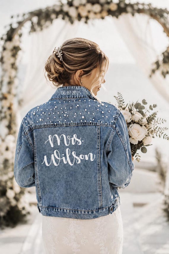Custom Mrs Bridal Denim Jacket With Pearls, Wedding Jean Jacket