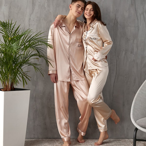 Custom Satin Pajamas for Couple, Mr and Mrs Custom Pyjamas, Wedding pjs, Groom and Bride Pajamas, Honeymoon gift, Anniversary gift- L+L