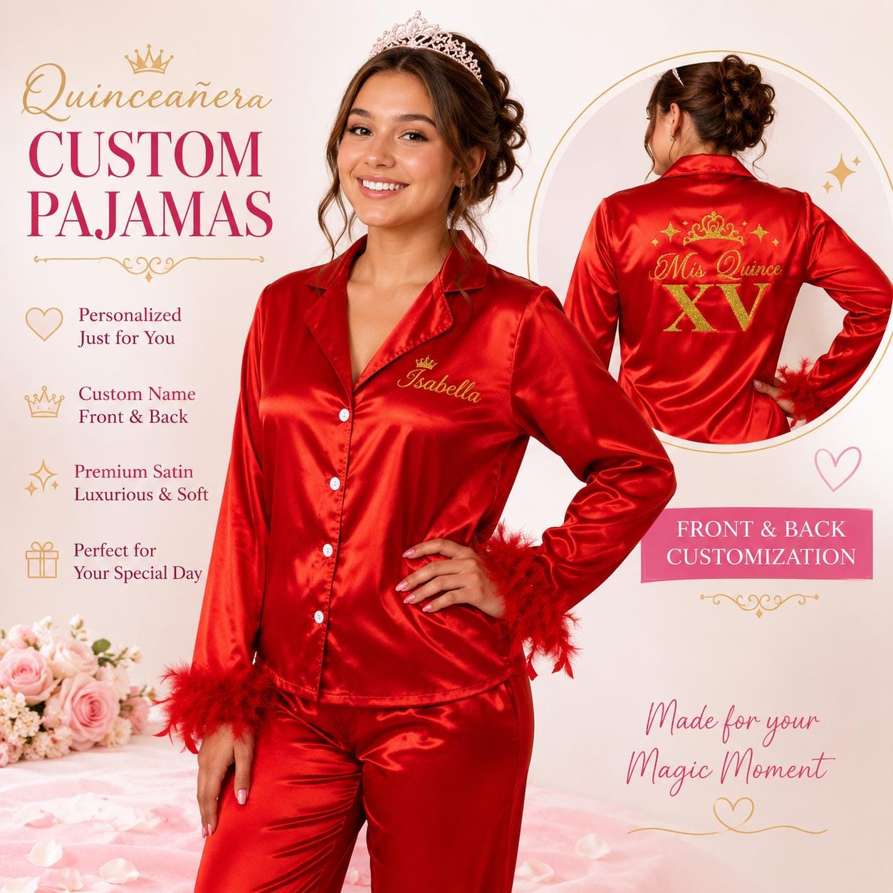 Sweet 16 Pajamas, Personalized Birthday Pajamas, Satin Feather Pajama Set, Sweet Sixteen Gift for Teen Girl, Custom Birthday Outfit-Feathers