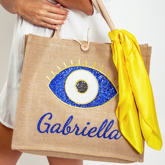 Custom Evil Eye Tote Bag, Boho Large Bag, Reusable Tote Bag, Tote Bag With sequin evil eye, Beach evil eye protection tote bag, Custom totes