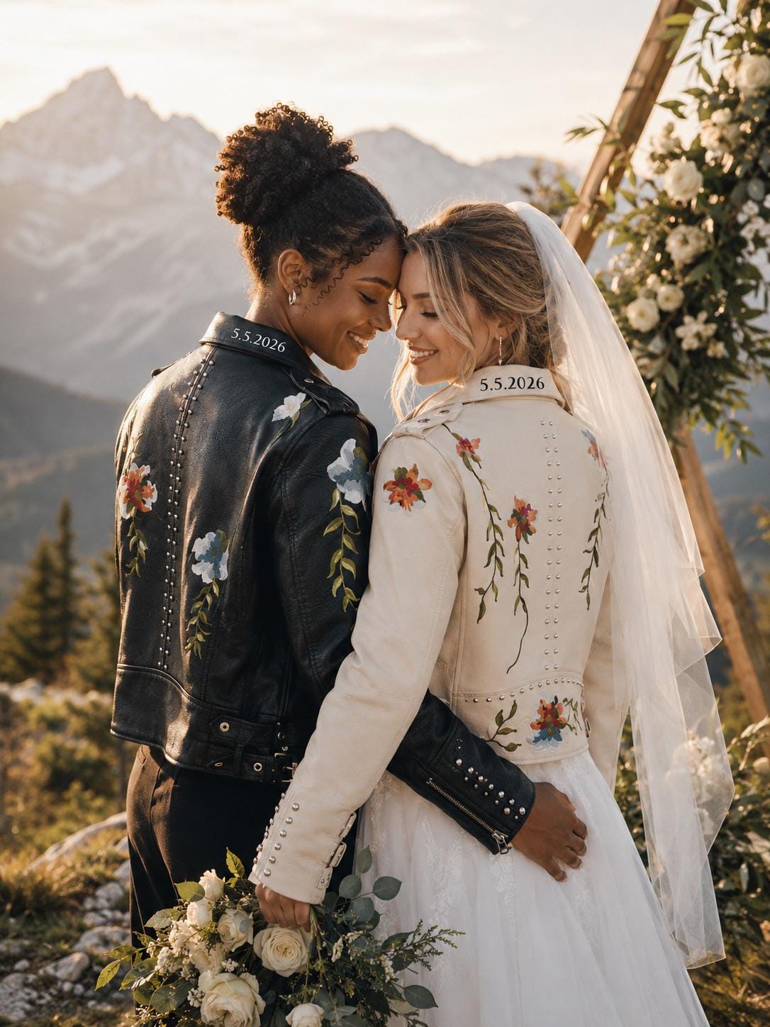 leather jacket over wedding dress Embroidered with flowers, jackets, Mrs and Mrs jacket, LGBT Wedding gifts short wedding dress with leather jacket
