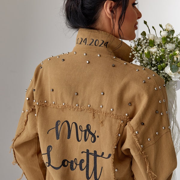 Mrs Denim Coffee Bridal Jacket, Studded Customized Jacket, Wedding Mrs Jacket with date under the collar, Jean Mrs Bridal Jacket - studded