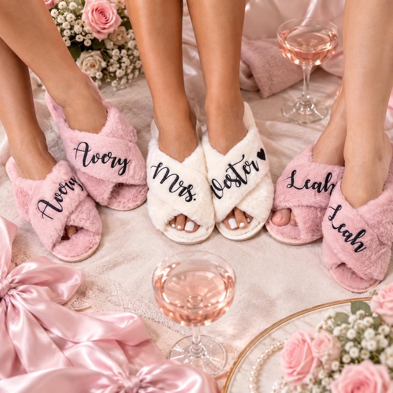 Personalized Bridesmaid Slippers, Bachelorette Party Favors, Custom Bride Squad Gifts, Bridal Party Slippers, Wedding Favors - gl, aut image 7