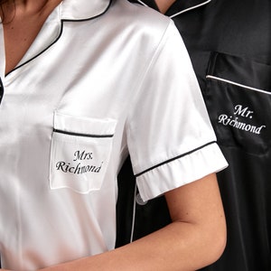 Wedding pjs, Personalized Pajamas for Couple, Honeymoon/Anniversary gift, Mr and Mrs Custom Satin Pajamas, Groom and Bride Pajamas-S+L