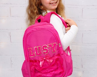Custom ruffled backpacks, girls personalized bags, back to school bags, customized school bags, pearl custom bags, girls bags- pearls/fluffy