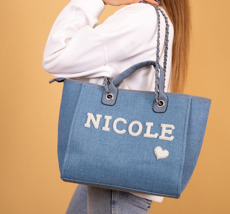 Bride Tote bag, Bridal Gift, Bachelorette bags, Honeymoon beach bag, Customized Bride Bags, Bachelorette totes- chain, pearls, Made To Order image 2