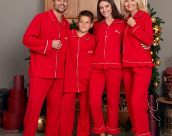 50% OFF! Custom Xmas Cotton Pajamas for Whole Family, Matching Red Xmas Pjs, Family Xmas Eve Pjs, Family Pjs for Xmas Eve, Cotton Ruffled Pj