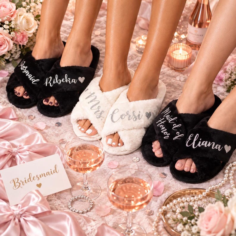 Personalized Bridesmaid Slippers, Bachelorette Party Favors, Custom Bride Squad Gifts, Bridal Party Slippers, Wedding Favors - gl, aut image 6