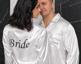 Groom and Bride Custom Satin Pajamas, Mr and Mrs Pajama Sets, Wedding Pajamas, Honeymoon gift, Anniversary, Bride to be - L+L, Made To Order