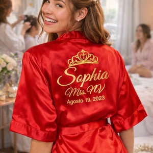 Personalized Mis Quince Robe + slippers,  Quinceañera Getting Ready Outfit, Sweet 15 Birthday Gift