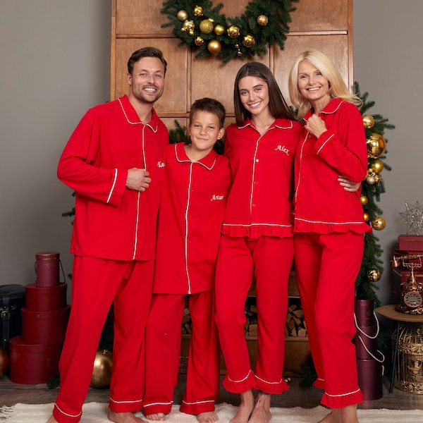Custom Xmas Cotton Pajamas for family, Matching Red Xmas Pjs, Family Christmas Eve Pajamas, Family Outfit for Photoshoot, Cotton Ruffled Pjs