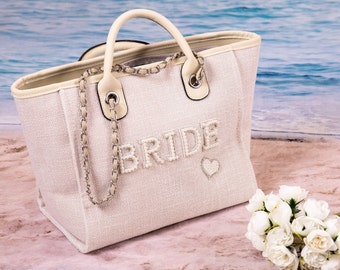 Bride Tote bag, Bridal Gift, Bachelorette bags, Honeymoon beach bag, Mrs Custom Bag, Customized Bride Bags, Bachelorette totes- chain,pearls