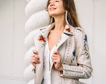 Custom Bride jacket, Embroidered Jacket with flowers, Custom leather jacket, Bride Wedding jacket, Personalized jacket, Bridal gift- flowers