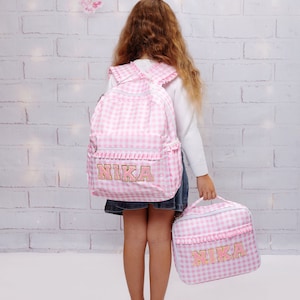 Plaid Custom Backpacks, Kids Backpack + lunch bag set, Back to school, Custom Name lunch bags,  Kid's gifts back to school, pink Backpacks