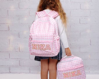 Plaid Custom Backpacks, Kids Backpack + lunch bag set, Back to school, Custom Name lunch bags,  Kid's gifts back to school, pink Backpacks