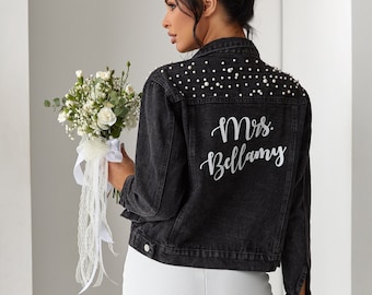 Bridal Mrs Jean Jacket with date under the collar, Wedding Bride Denim Black Jacket, Personalized Denim jacket with Pearls -pearls,autumn