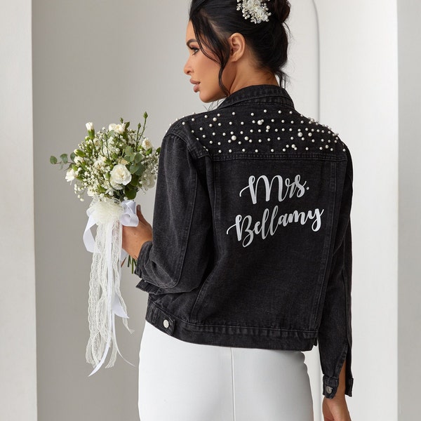 Bridal Mrs Jean Jacket with date under the collar, Wedding Bride Denim Black Jacket, Personalized Denim jacket with Pearls -pearls,autumn