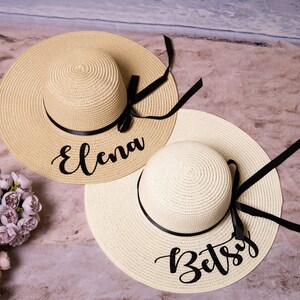Bridesmaid Sun hats, Bride Squad Floppy Sun hats, Bachelorette gifts, Girls Trip Hats, Matching party hats with name, Bridal hat- bl. ribbon