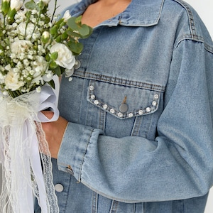 Jean Wedding Jacket w/Heart on the back, Bridal Gift, Bride Jacket, Bridal Denim jacket with rhinestone heart, Denim Rhinestone Jacket-heart