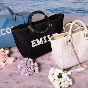 Bride Tote bag, Bridal Gift, Bachelorette bags, Honeymoon beach bag, Customized Bride Bags, Bachelorette totes- chain, pearls, Made To Order image 4