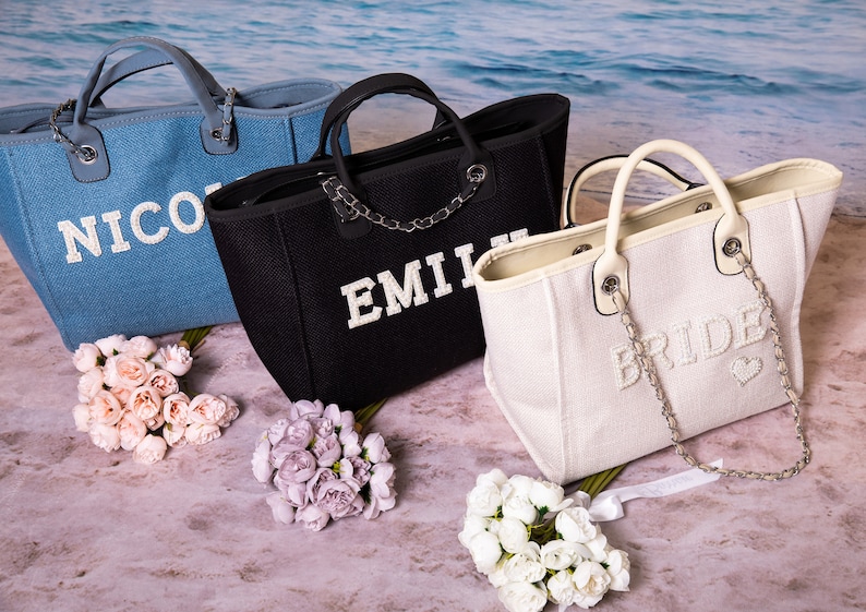 Bride Tote bag, Bridal Gift, Bachelorette bags, Honeymoon beach bag, Customized Bride Bags, Bachelorette totes- chain, pearls, Made To Order image 4