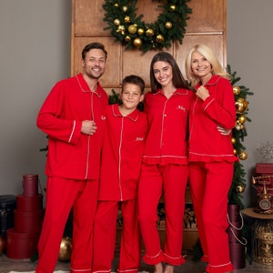 Custom Xmas Cotton Pajamas for Whole Family, Matching Red Xmas Pjs, Family Christmas Eve Pajamas, Family Pjs for Xmas Eve, Cotton Ruffled Pj