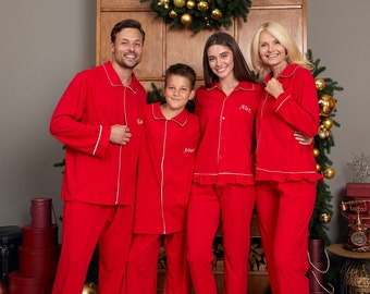 Custom Xmas Cotton Pajamas for Whole Family, Matching Red Xmas Pjs, Family Christmas Eve Pajamas, Family Pjs for Xmas Eve, Cotton Ruffled Pj