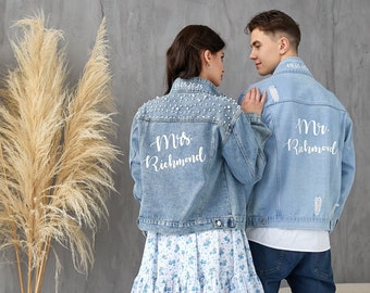 Groom and Bride Jean Jackets, Wedding Jackets, Honeymoon jackets, Mr and Mrs Custom Denim Jackets, Bridal jacket, Groom jacket- autumn