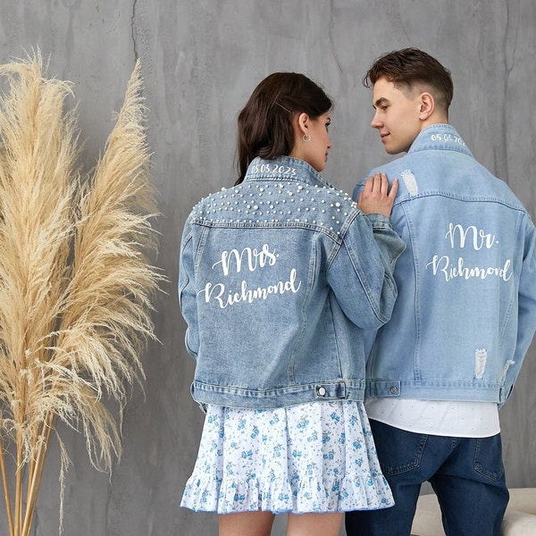 Groom and Bride Jean Jackets, Wedding Jackets, Honeymoon jackets, Mr and Mrs Custom Denim Jackets, Bridal jacket, Groom jacket- autumn