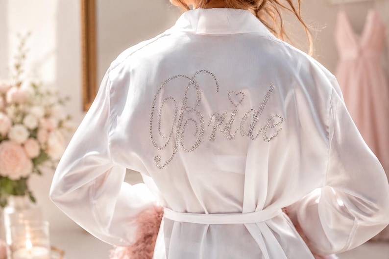 Satin Robe with Feathers, Bridesmaid Robes, Custom robes, Feathers Satin robe, Personalized robe, Getting ready Robe, Bridal party robe -alf image 5