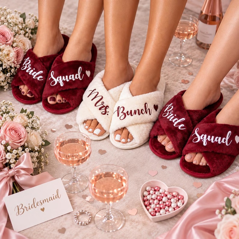 Personalized Bridesmaid Slippers, Rainbow Bachelorette Party Favors, Custom Bridal Party Gifts, Bride Squad Slippers