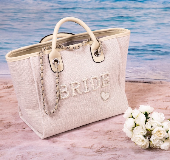 Bride Tote bag, Bridal Gift, Bachelorette bags, Honeymoon beach bag, Mrs Custom Bag, Customized Bride Bags, Bachelorette totes- chain,pearls