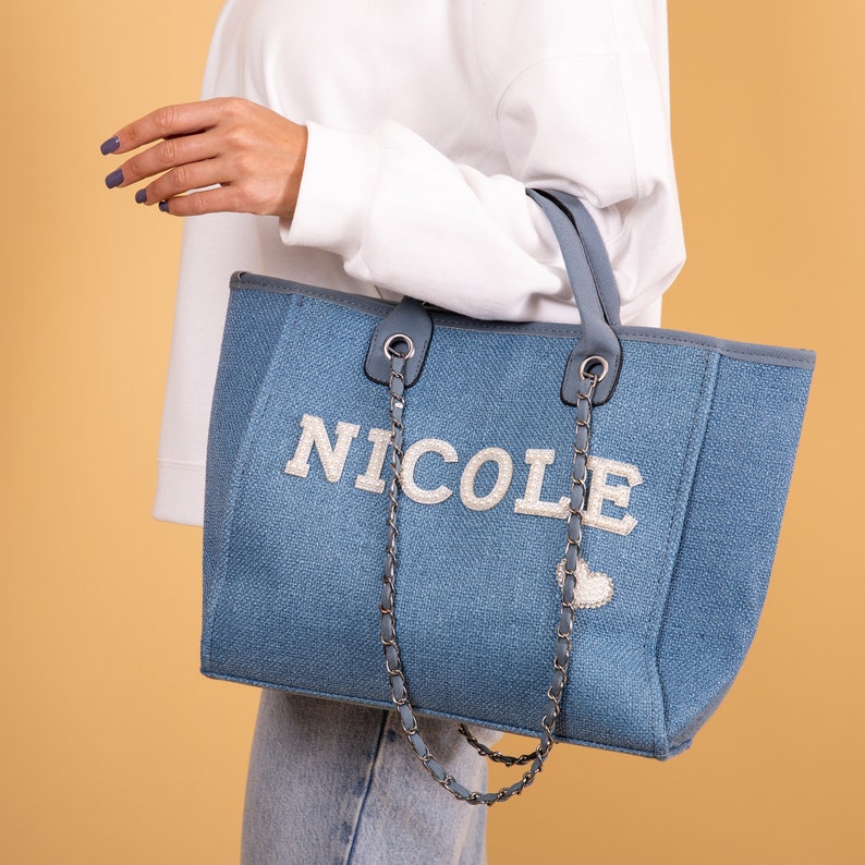 Bride Tote bag, Bridal Gift, Bachelorette bags, Honeymoon beach bag, Customized Bride Bags, Bachelorette totes- chain, pearls, Made To Order image 6