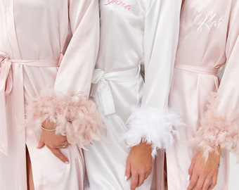 Feathers Satin robes, Custom robes, Satin Robe with Feathers, Bridesmaid Robes,  Personalized robes, Getting Robe with feathers -alfresco