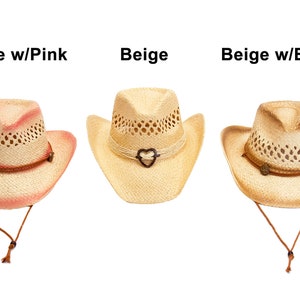 May include: Three straw cowboy hats in beige, with pink, beige, and brown accents. Each hat has a decorative band and chin strap. The hats are labeled "Beige w/Pink", "Beige", and "Beige w/Brown".