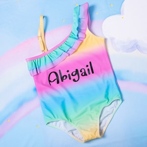 Rainbow Swimsuit, Custom Baby swimsuits, Custom Unicorn Kids Swimsuits, Kids One piece Swimsuit, Off Shoulder kids swimsuit, Birthday swims